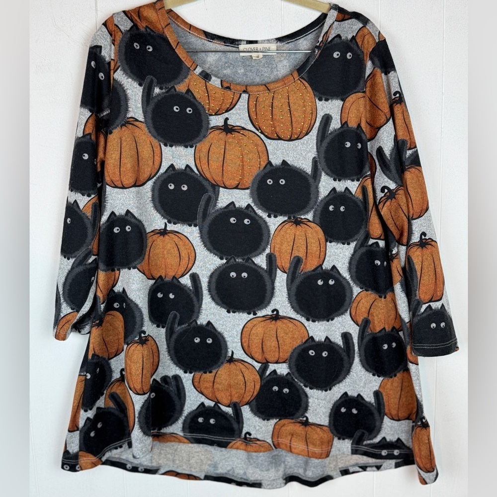 Clover + Pine Festive Cat and Pumpkin Top